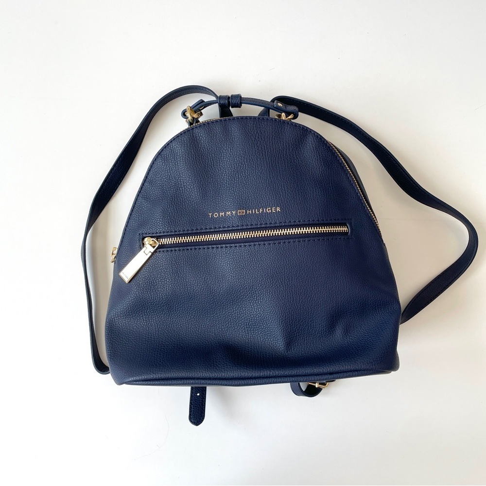 Tommy Hilfiger Navy Leather Mini Backpack with Gold Hardware